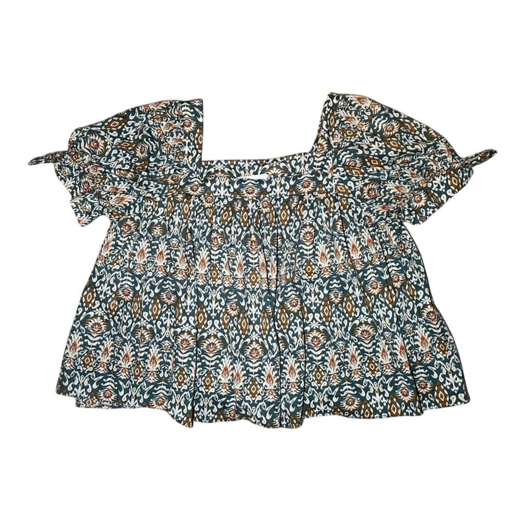 Cotton Green Boho Blouse - Adjustable Sleeve Ties - Size XL